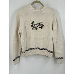 Vintage CABELA'S Cable Knit Embroidered Birds Grandma Sweater MEDIUM